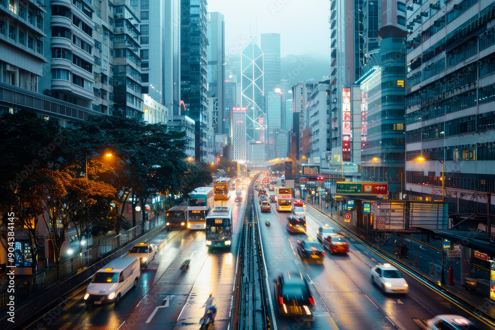 Obraz premium A bustling city street filled with traffic and surrounded by skyscrapers under an evening sky, depicting urban life and modern architecture.