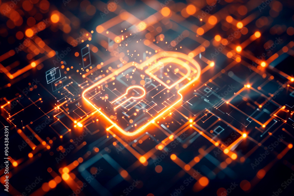 A digital padlock glowing on a technologically advanced background, representing online security, cybersecurity, and protection of data in a digital world.