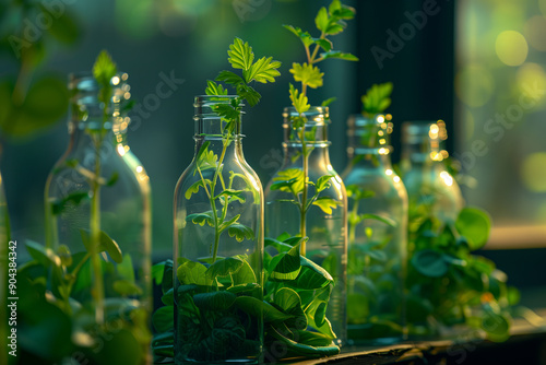 Laboratory experiment of growing plants in glass jars with green leaves.