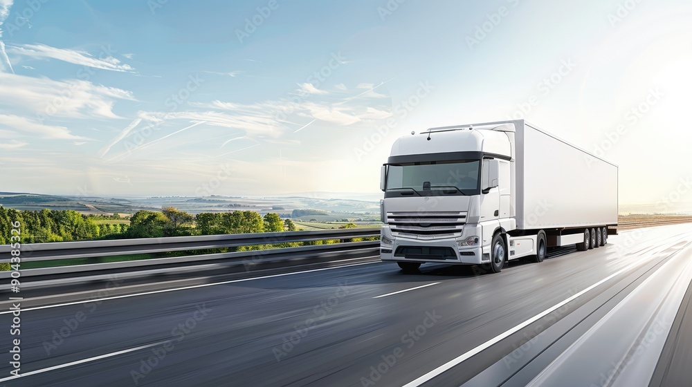 A large white truck travels on a smooth highway surrounded by green fields and hills, with a clear blue sky overhead during daylight A large white truck travels on a smooth highway surrounded by green fields and hills, with a clear blue sky overhead during daylight