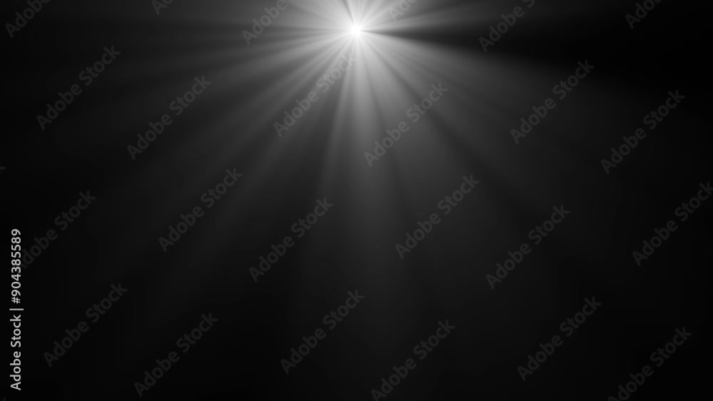 White light rays on black background glow from above the frame. Looping light animation. Seamless light rays animation. Isolated white light rays animation. Glitter or sun effect on black screen.
