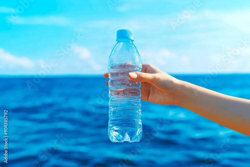 A hand holds a clear water bottle in front of a serene ocean backdrop, representing hydration and the beauty of nature.