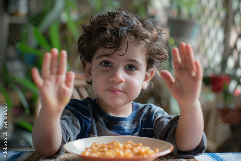 Tabletop meal setting curious curly-haired child. Adorable curly-haired toddler gestures breakfast table. Simple mornings filled family and food. Tabletop meal setting curious curly-haired child. Adorable curly-haired toddler gestures breakfast table. Simple mornings filled family and food.