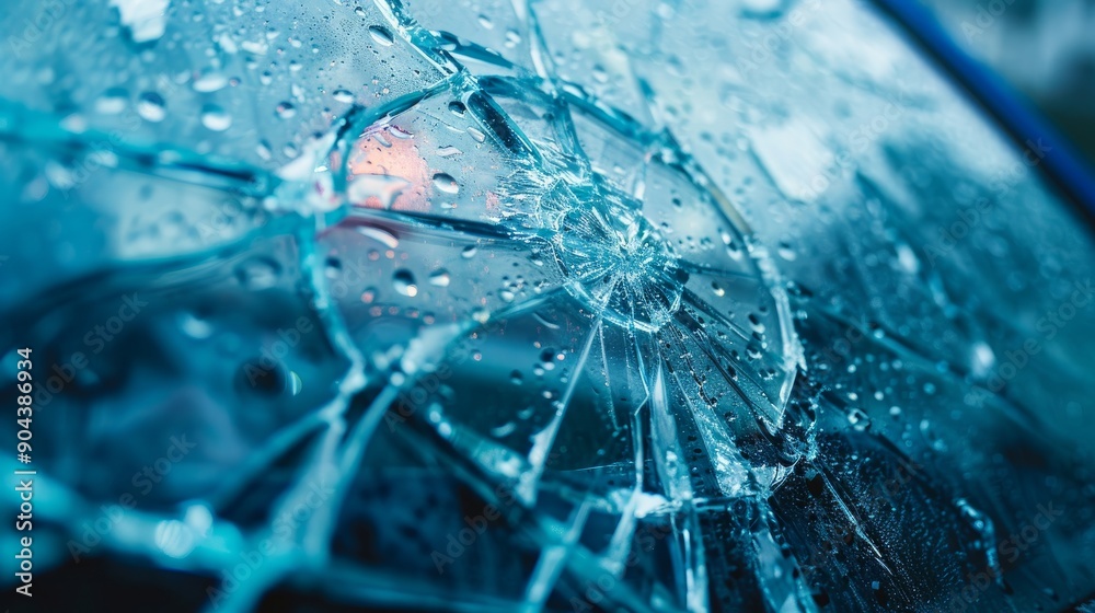 Closeup of a broken car windshield with a tint of blue Closeup of a broken car windshield with a tint of blue