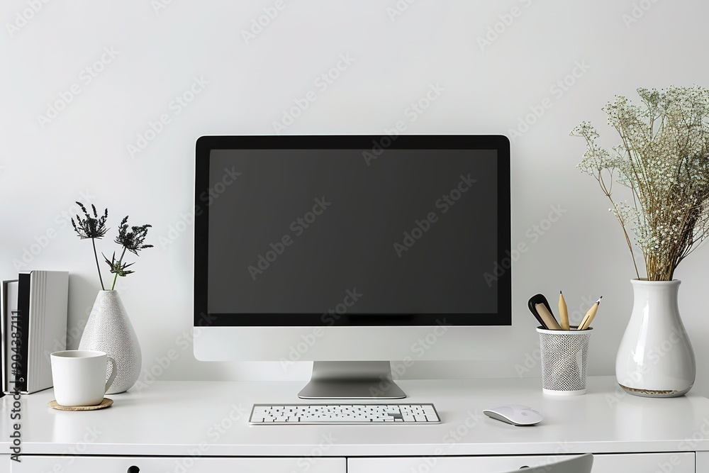 Minimalist workspace with blank computer screen Minimalist workspace with blank computer screen