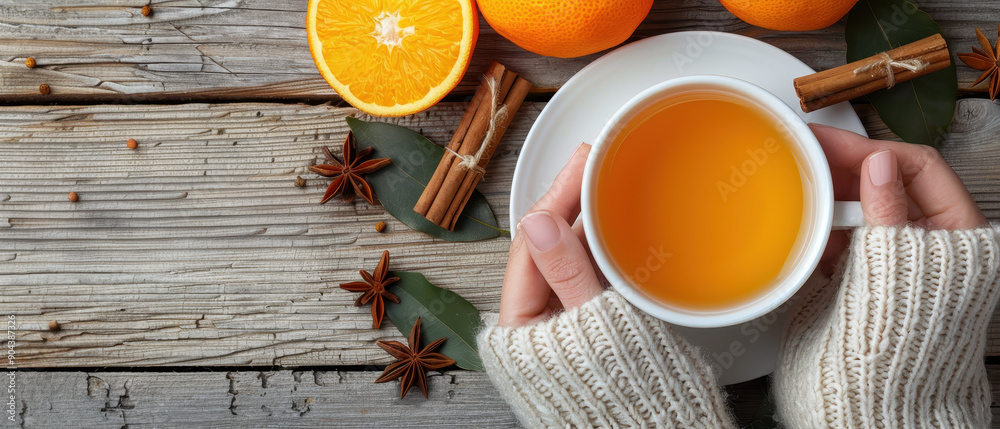 A person holding a cup of tea with a cinnamon stick in it. The cup is on a wooden table with oranges and other spices around it. The scene conveys a cozy and warm atmosphere