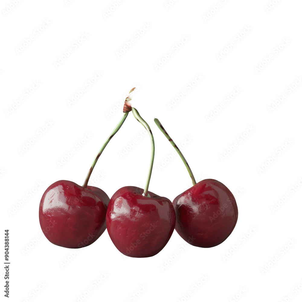 Three ripe cherries with stems and leaves on a transparent background. Three ripe cherries with stems and leaves on a transparent background.