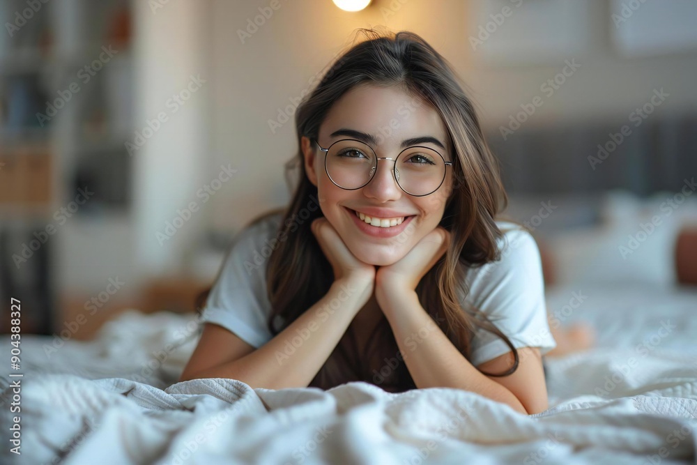 Beautiful brunette woman with a lovely smile, wearing eyeglasses, relaxing on her stomach on her bed with her chin resting in her hands, smiling and looking towards the camera. Beautiful brunette woman with a lovely smile, wearing eyeglasses, relaxing on her stomach on her bed with her chin resting in her hands, smiling and looking towards the camera.