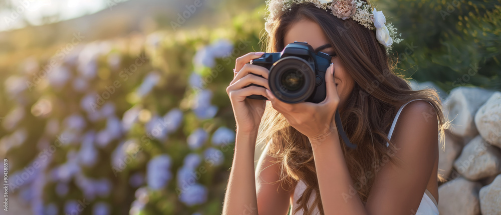 Young Caucasian Woman Taking a Picture with DSLR Camera in Garden Setting, Amateur Photographer Concept, Suitable for Photography School Promotion Young Caucasian Woman Taking a Picture with DSLR Camera in Garden Setting, Amateur Photographer Concept, Suitable for Photography School Promotion