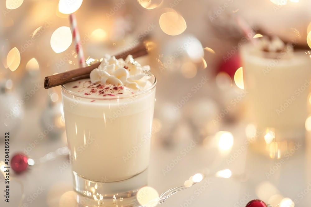 Glass of eggnog with cute holiday-themed stirrers Glass of eggnog with cute holiday-themed stirrers
