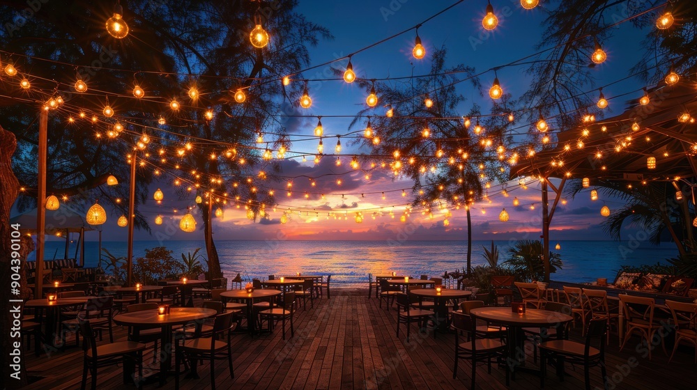 Naklejka premium Empty wooden table and light bulbs in a party with a nighttime feel