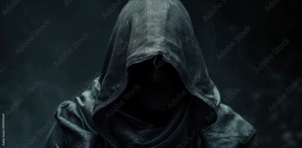Scary figure in hooded cloak in the dark