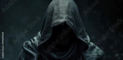 Scary figure in hooded cloak in the dark