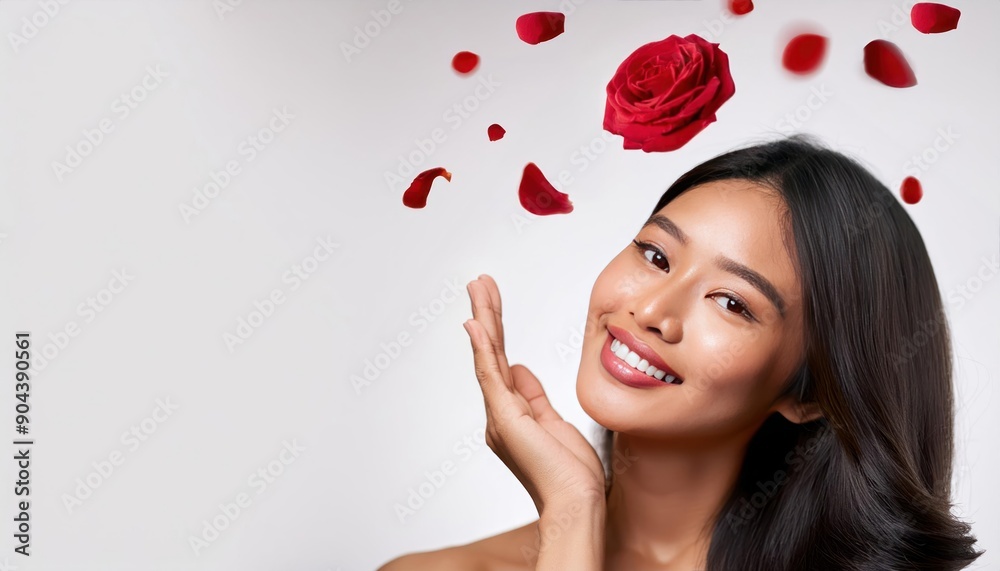Indian Female with Red Rose Beauty Product, Showcasing Rose Infused Skincare Indian Female with Red Rose Beauty Product, Showcasing Rose Infused Skincare