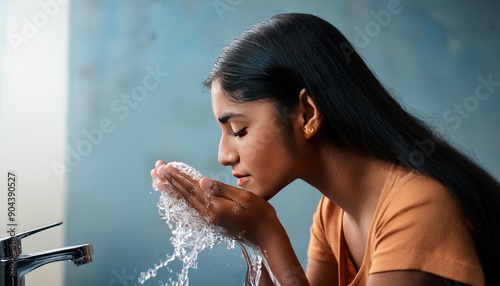 Indian Female Freshening Up by Washing Her Face