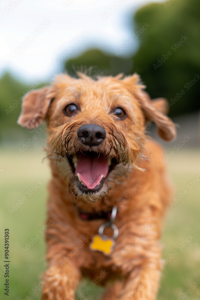 Joyful brown dog running happily in a green field, tongue out, mouth open, full of energy and joy, enjoying the outdoors Joyful brown dog running happily in a green field, tongue out, mouth open, full of energy and joy, enjoying the outdoors