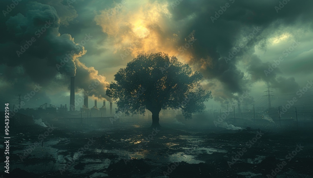 A large tree stands alone in the foreground, behind it is an industrial area with smoke. A large tree stands alone in the foreground, behind it is an industrial area with smoke.