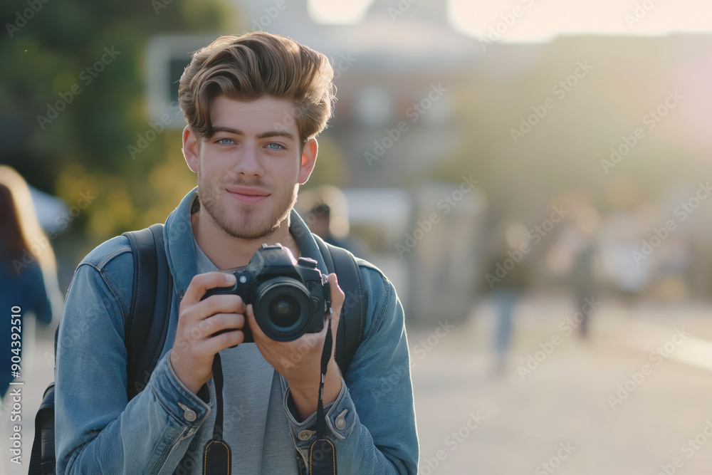 Handsome young male amateur photographer ready to study photography and taking pictures Handsome young male amateur photographer ready to study photography and taking pictures
