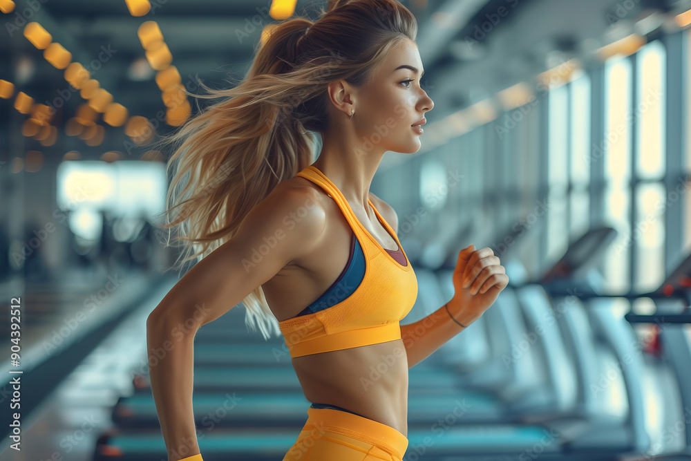 Fototapeta premium Dynamic Athletic Woman Running Energetically in Modern Gym During Daylight Hours