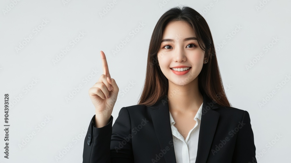Happy young Asian business woman in blazer pointing finger up isolated on white background. Happy young Asian business woman in blazer pointing finger up isolated on white background.