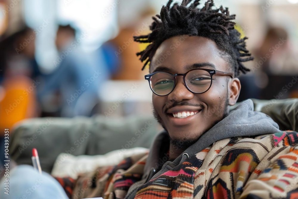 Fototapeta premium young man with a beautiful smile and wearing glasses sits on a couch, happily writing in his diary.