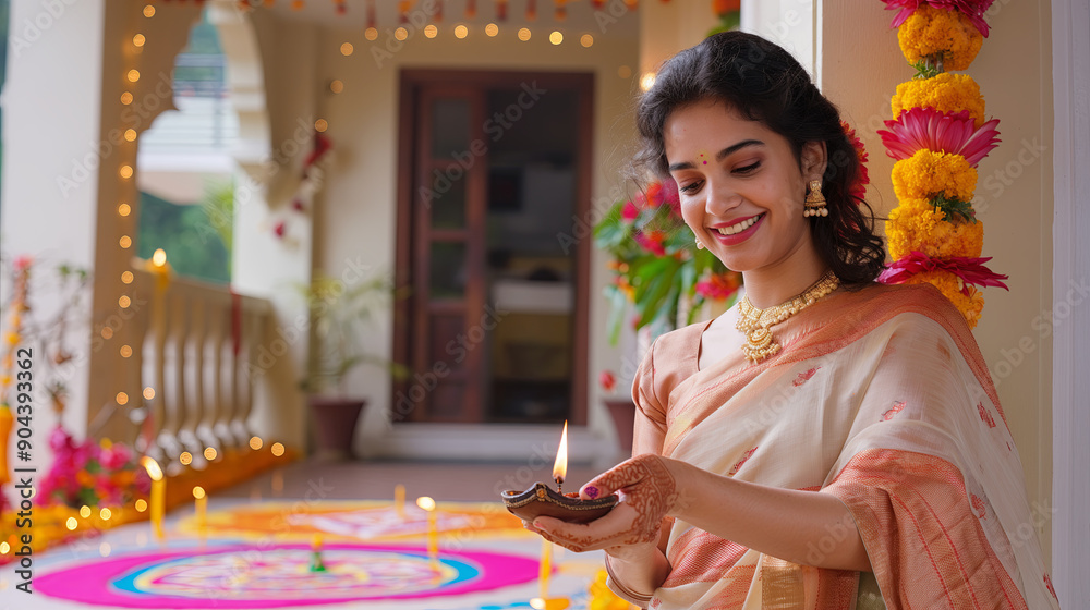 Fototapeta premium Traditional Indian Woman Lighting Diya Lamp During Diwali Festival at Home