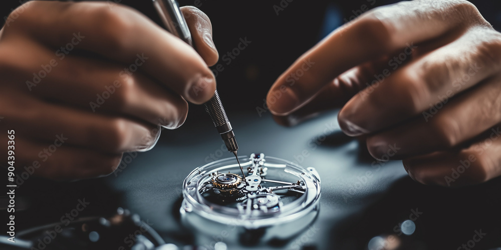 Artisanal watchmaker repairing a luxury timepiece. Close-up photography. Design for skilled craftsmanship, horological art, and precision mechanics concept Artisanal watchmaker repairing a luxury timepiece. Close-up photography. Design for skilled craftsmanship, horological art, and precision mechanics concept