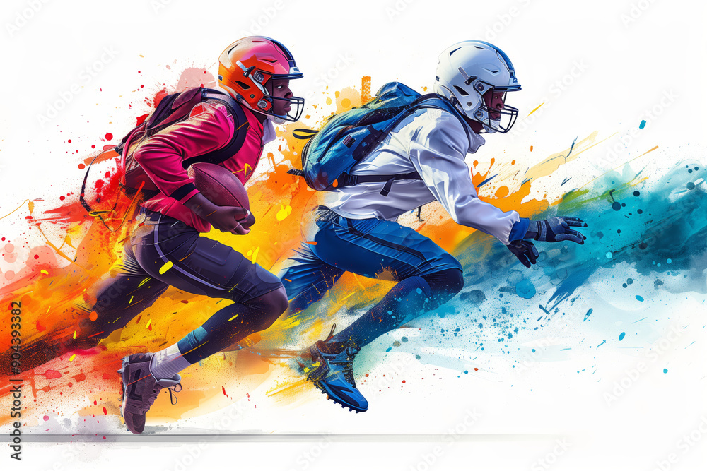 Dynamic Action of Two Athletes Racing With Footballs Amidst Vivid Colorful Background Dynamic Action of Two Athletes Racing With Footballs Amidst Vivid Colorful Background
