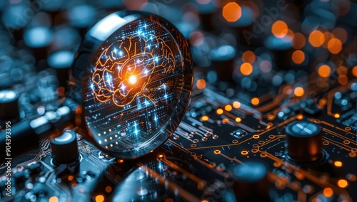 A magnifying glass zooming in on an AI brain with digital circuitry.