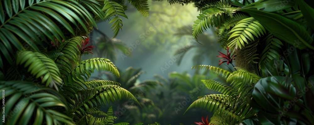 Fototapeta premium A lush, vibrant forest scene with sunlight filtering through dense foliage, creating a serene and enchanting atmosphere.