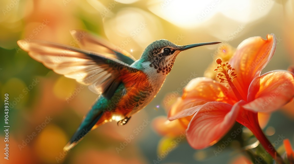 Fototapeta premium A vibrant hummingbird hovering near a bright flower, capturing the essence of nature's beauty and delicate interactions.
