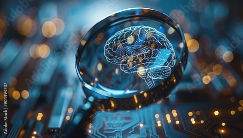 A magnifying glass zooming in on an AI brain with digital circuitry.
