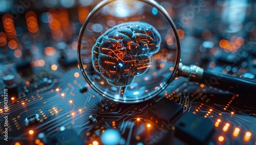 A magnifying glass zooming in on an AI brain with digital circuitry.
