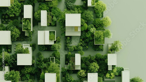 Aerial view of a sustainable urban landscape with green spaces and modern architecture, emphasizing eco-friendly living.