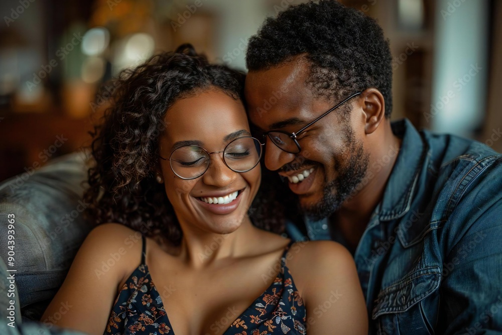 Beautiful couple laughing and smiling while sitting on their new couch, both wearing eyeglasses and looking deeply into each other's eyes. Beautiful couple laughing and smiling while sitting on their new couch, both wearing eyeglasses and looking deeply into each other's eyes.