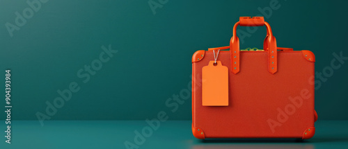 Vibrant orange suitcase with tag, perfect for travel, adventure, and vacation. Modern design on a teal background. photo