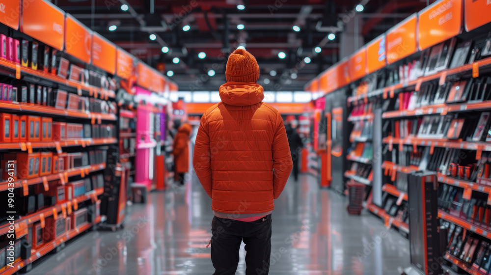 A person in an orange jacket standing in a vibrant store aisle, surrounded by colorful products on shelves. A person in an orange jacket standing in a vibrant store aisle, surrounded by colorful products on shelves.