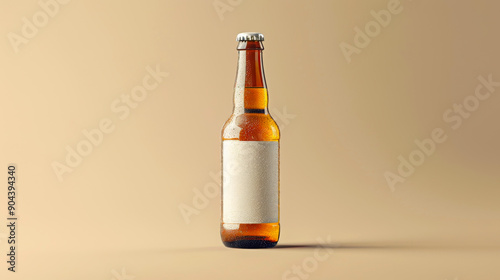 Minimalist Beer Bottle, Blank Label on Beige Background. clean, simple packshot of beer bottle with blank label, standing upright on beige background, emphasizing minimalist design, focus on product. photo