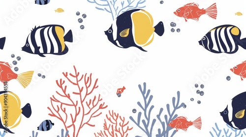 Fototapeta Naklejka Na Ścianę i Meble -  Minimalistic style illustration of coral reef fish against an elegant white background perfect for fabric patterns and home decor prints
