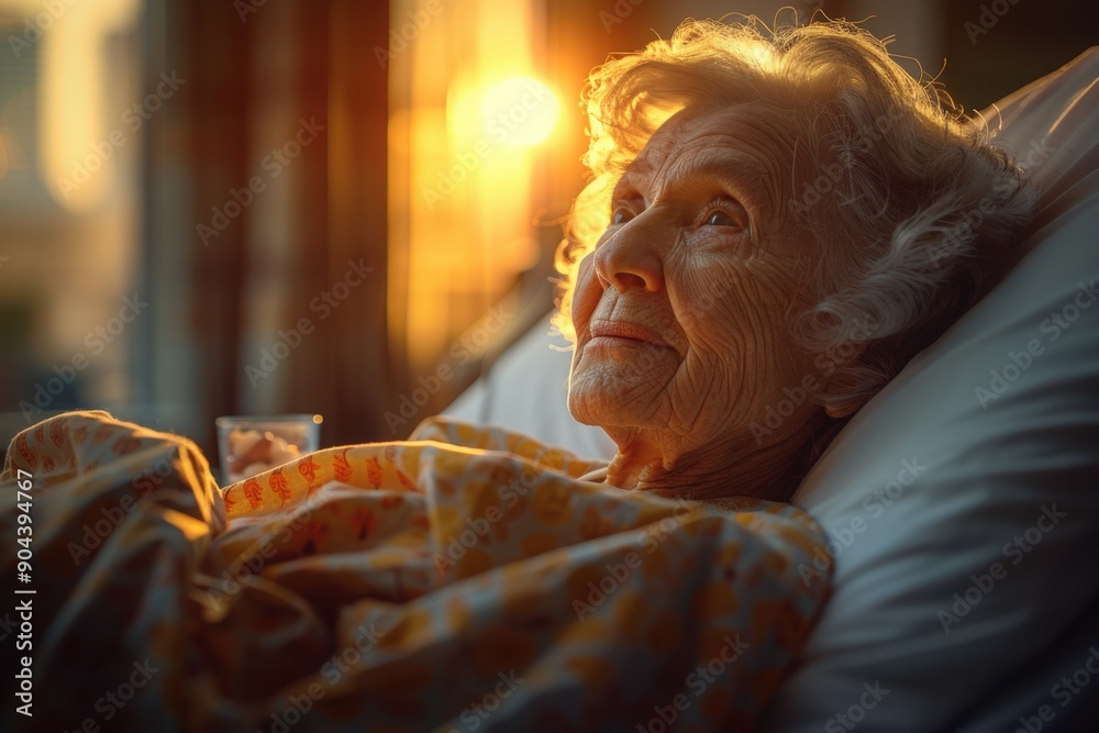 An elderly woman lies in a hospital bed, looking out the window at the warm, golden light of sunset An elderly woman lies in a hospital bed, looking out the window at the warm, golden light of sunset