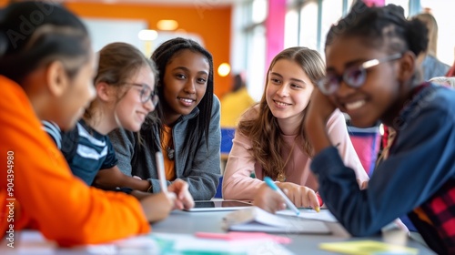 Teenage girls from different ethnic backgrounds working together on a school project, smiles and interaction demonstrating the positive impact of diversity and collaboration in contemporary education © Daria Lukoiko