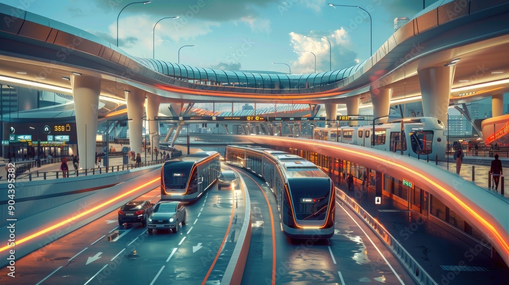 A smart public transportation hub with AI-driven connectivity, integrating various modes of transport seamlessly. A smart public transportation hub with AI-driven connectivity, integrating various modes of transport seamlessly.