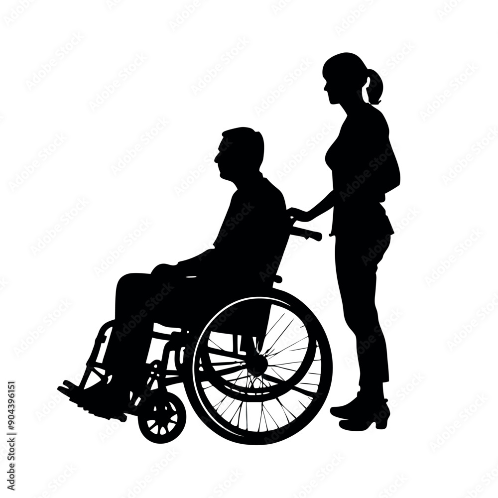 a disable man sitting on the wheel chair, and a helping woman are help his, black color silhouette, isolated white background a disable man sitting on the wheel chair, and a helping woman are help his, black color silhouette, isolated white background