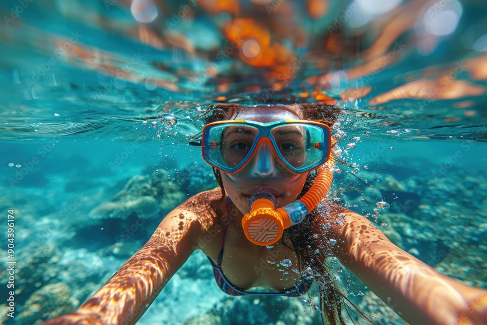 Fototapeta premium A woman wearing a snorkel mask and fins is submerged in the crystal-clear blue water, ready to explore the underwater world