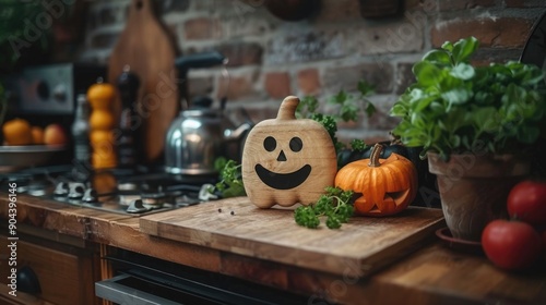 Wooden Ghost Cutting Board with Natural Wood and Ceramic Decor on Kitchen Shelf - Rustic Halloween Theme photo