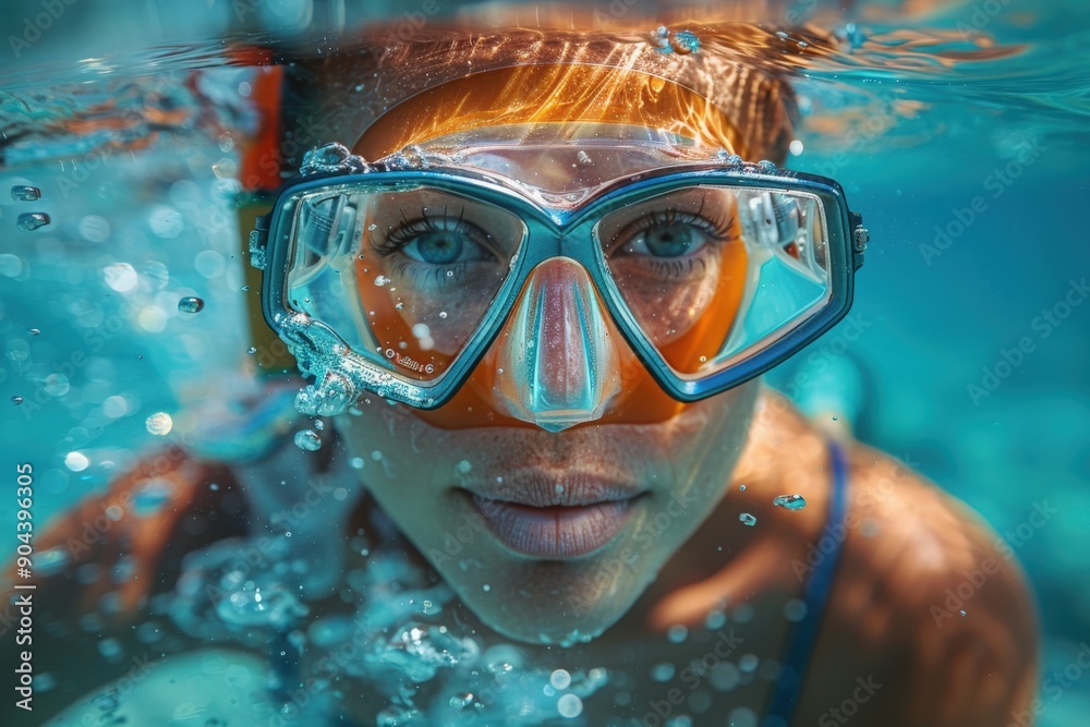 Naklejka premium A woman with a snorkeling mask looks intently towards the camera as she prepares to dive underwater