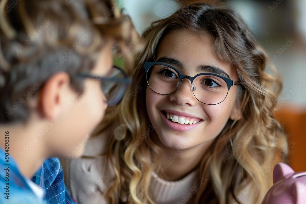 In the photo, the beautiful woman with eyeglasses is smiling and looking at the piggybank being raised by the young man, possibly discussing their finances and budget together. In the photo, the beautiful woman with eyeglasses is smiling and looking at the piggybank being raised by the young man, possibly discussing their finances and budget together.