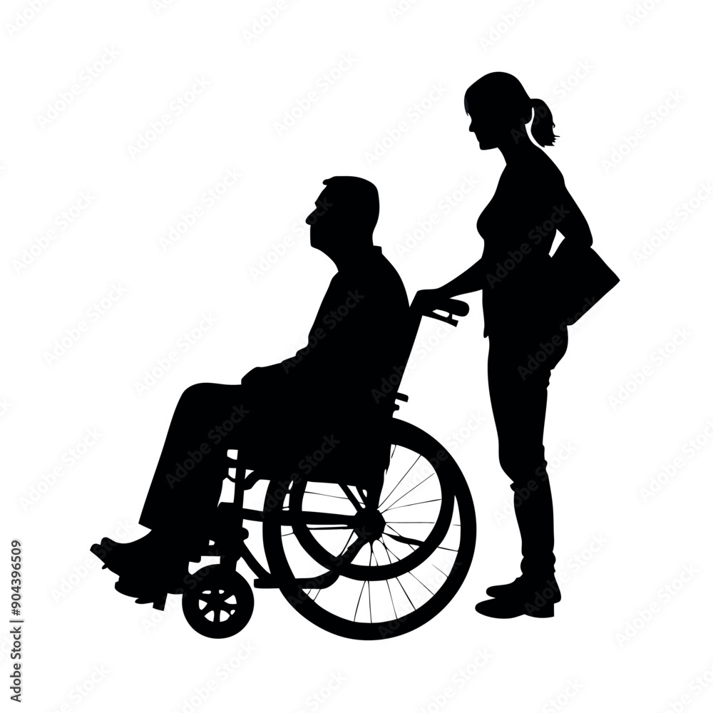 a disable man sitting on the wheel chair, and a helping woman are help his, black color silhouette, isolated white background a disable man sitting on the wheel chair, and a helping woman are help his, black color silhouette, isolated white background