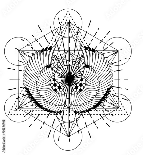 Sacred geometry with egypt symbol. Wings and all seeing eye. Alchemy, religion, spirituality, occultism. Isolated vector illustration. Conspiracy theory. Drawing tattoo art. Coloring book.