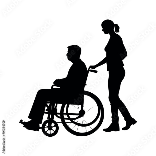 a disable man sitting on the wheel chair, and  a helping woman are help his, black color silhouette, isolated white background